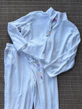 Stoney Clover Lane White Quarter Zip-Up and Sweat Pants Set, Size medium